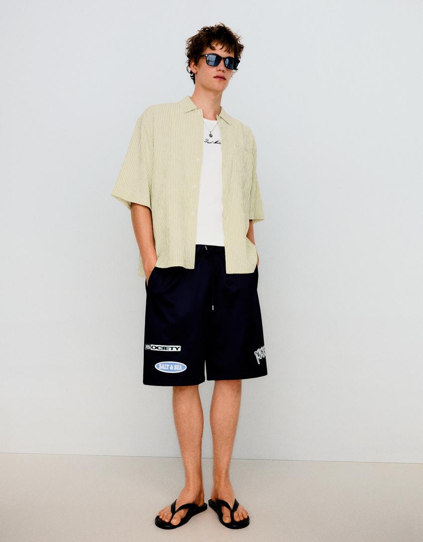 Striped boxy fit short sleeve shirt-Green