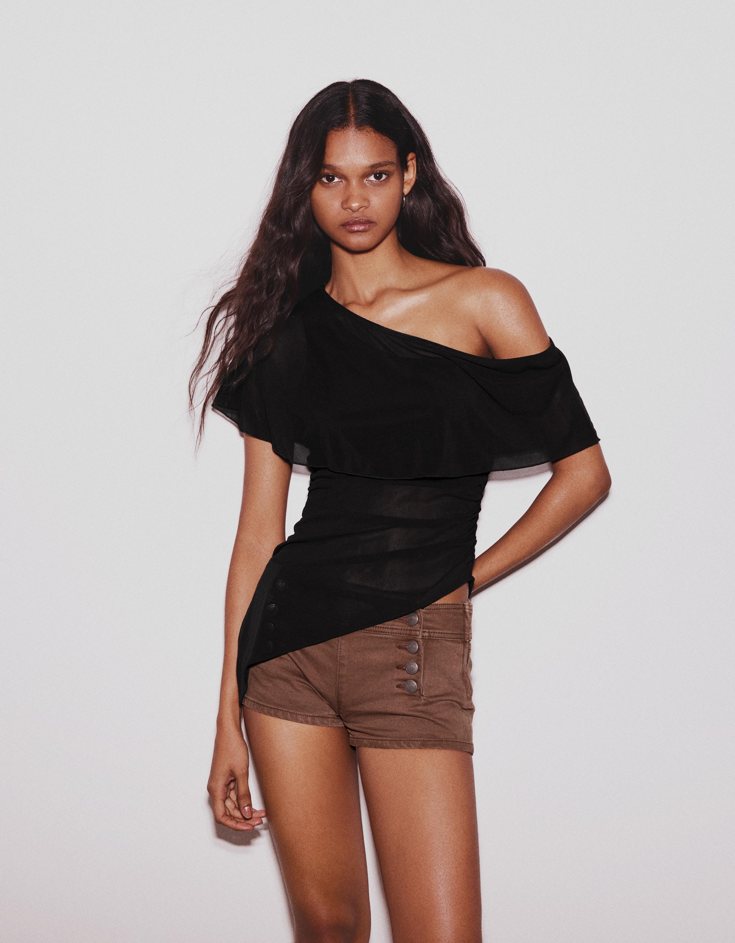 Top Asimétrico Con Capa Mujer S Negro
