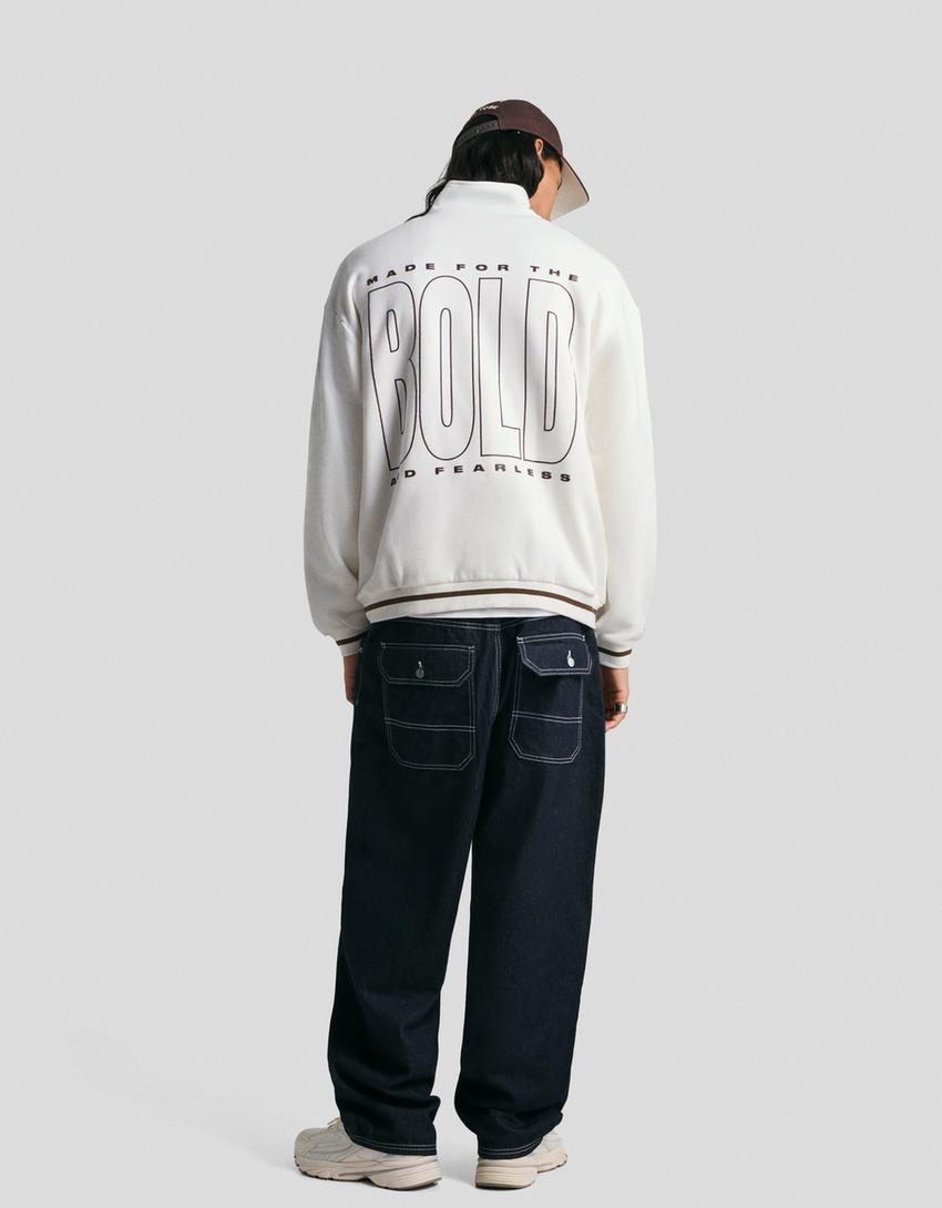 Sweatshirt mit Reißverschluss und Print-Grbrochenes Weiss