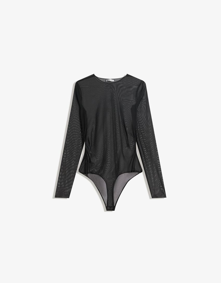 Long sleeve tulle bodysuit-Black