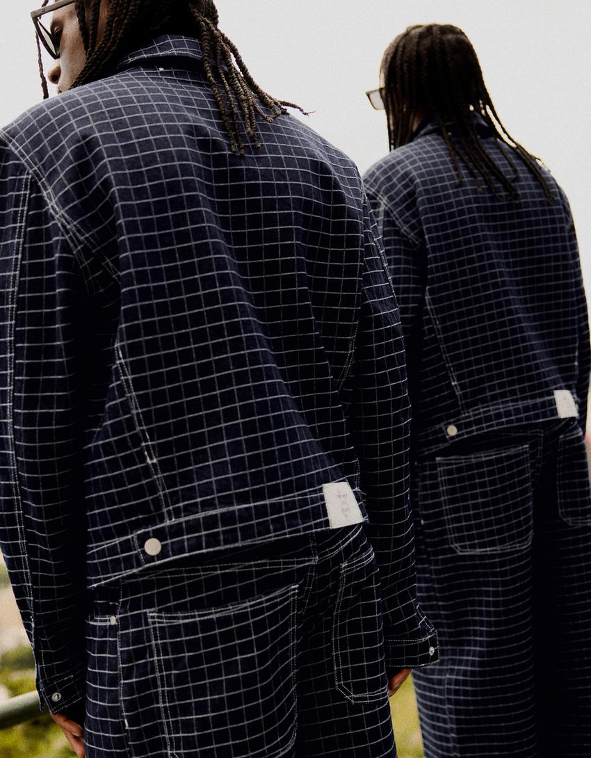 Kareli denim ceket-Mavi