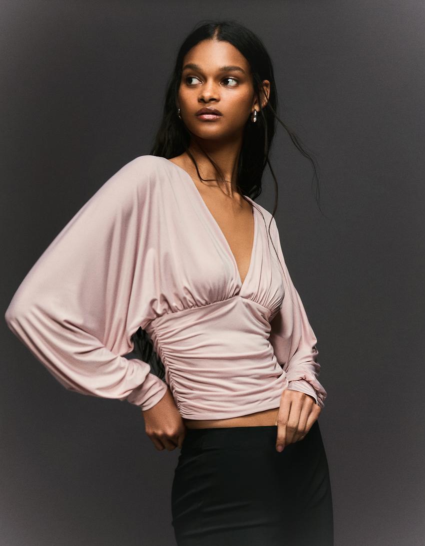 Top à manches longues froncé-Gris