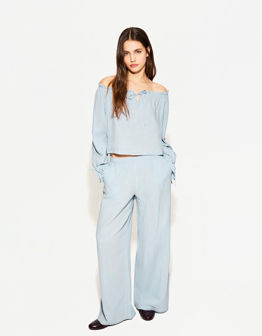 Pantalon wide leg rustique double cloth-Bleu clair