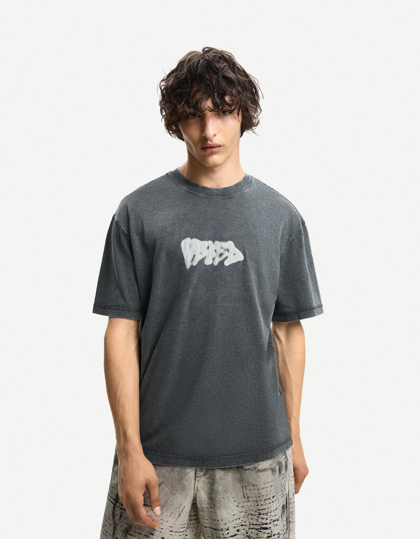 Bershka Camiseta Manga Corta Print Hombre S Gris