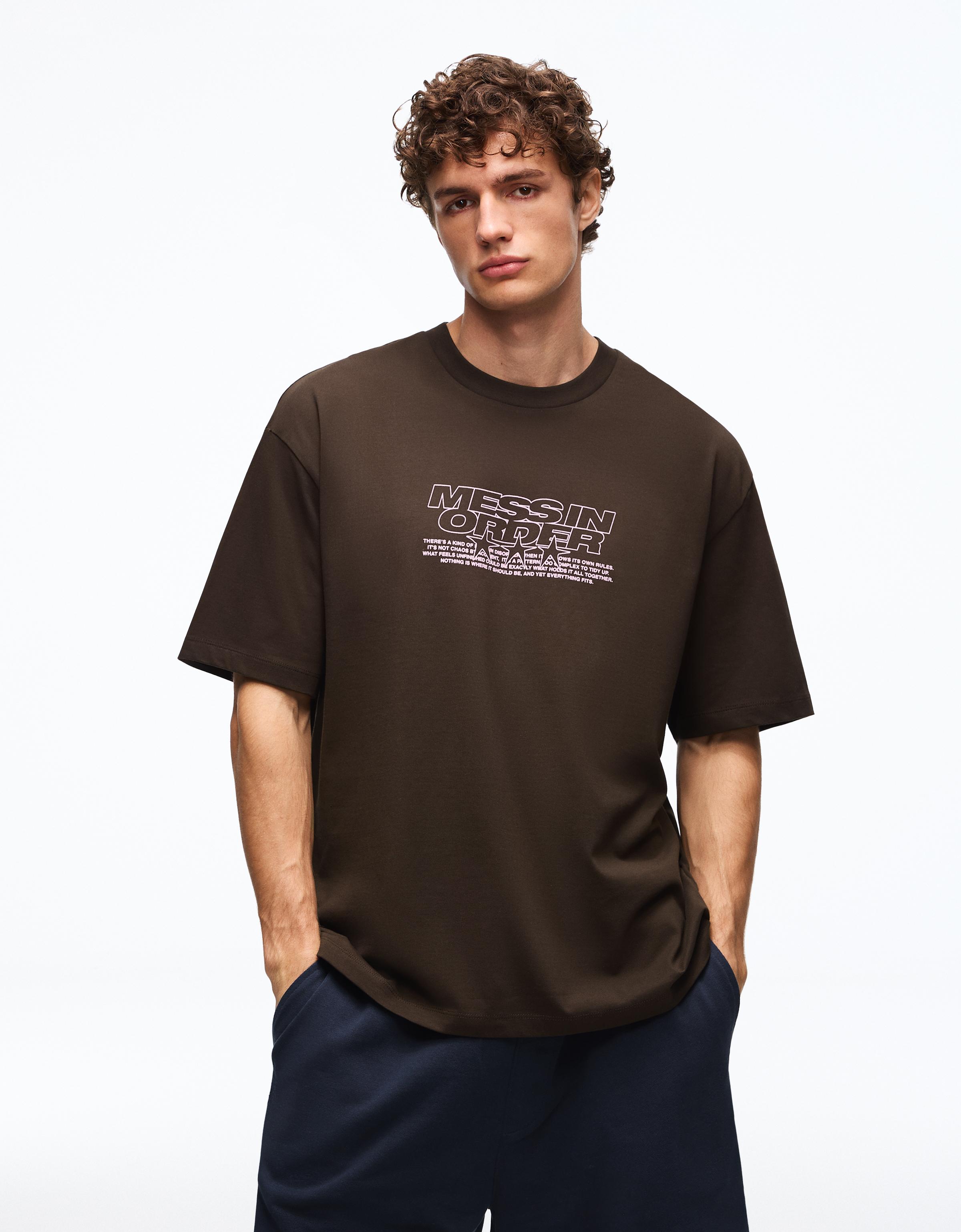 Bershka Camiseta Manga Corta Print Hombre Marrón