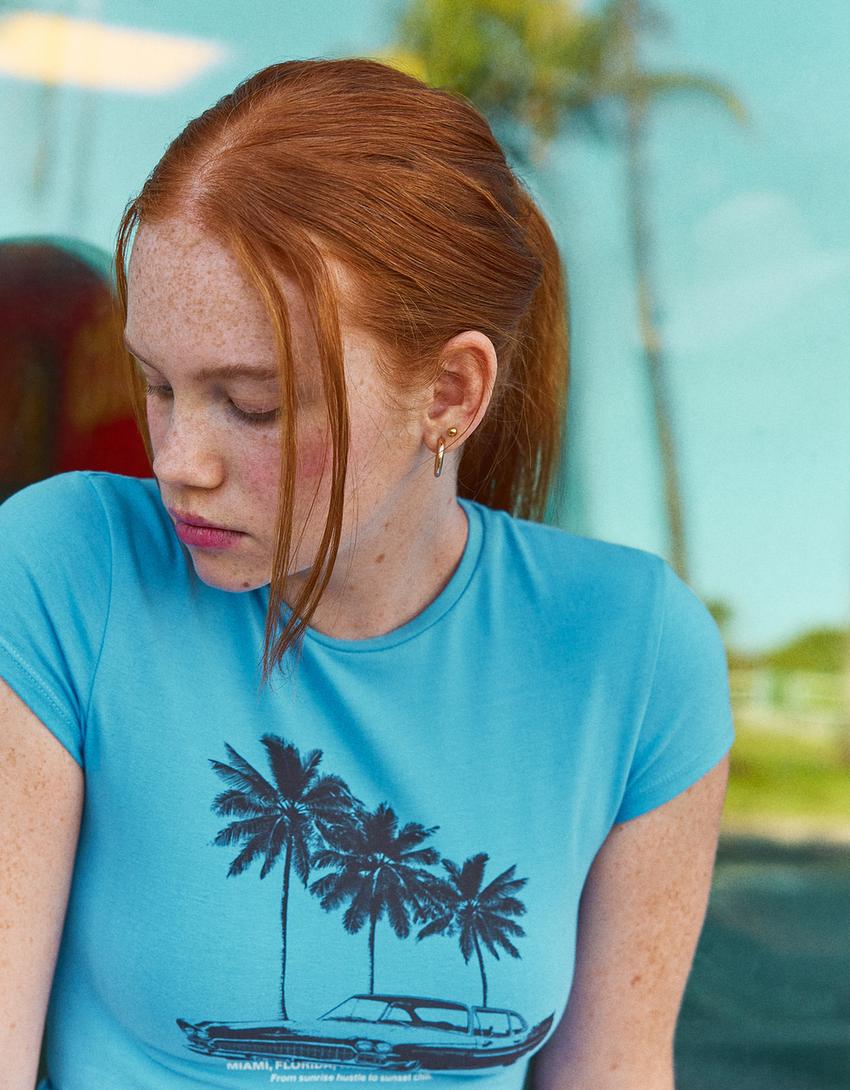 Printed short sleeve T-shirt with ruffles-Blue