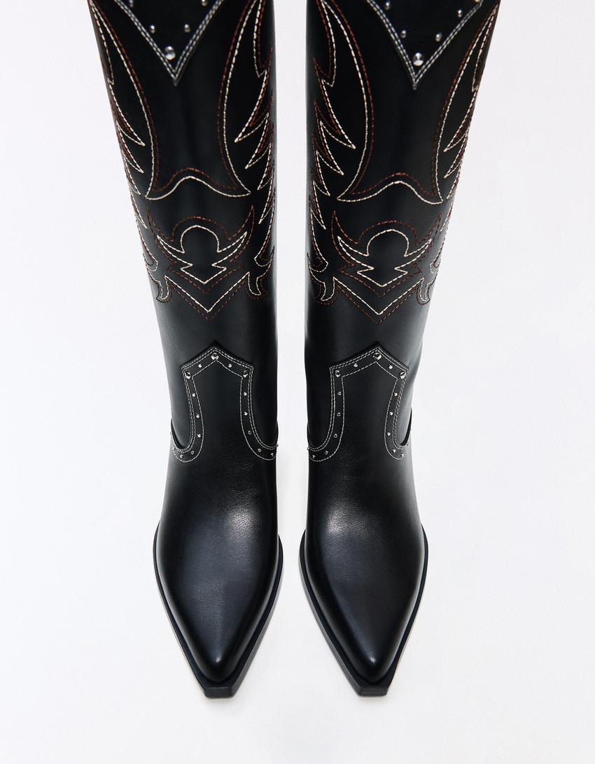 Cowboy studded heel boots-BLACK
