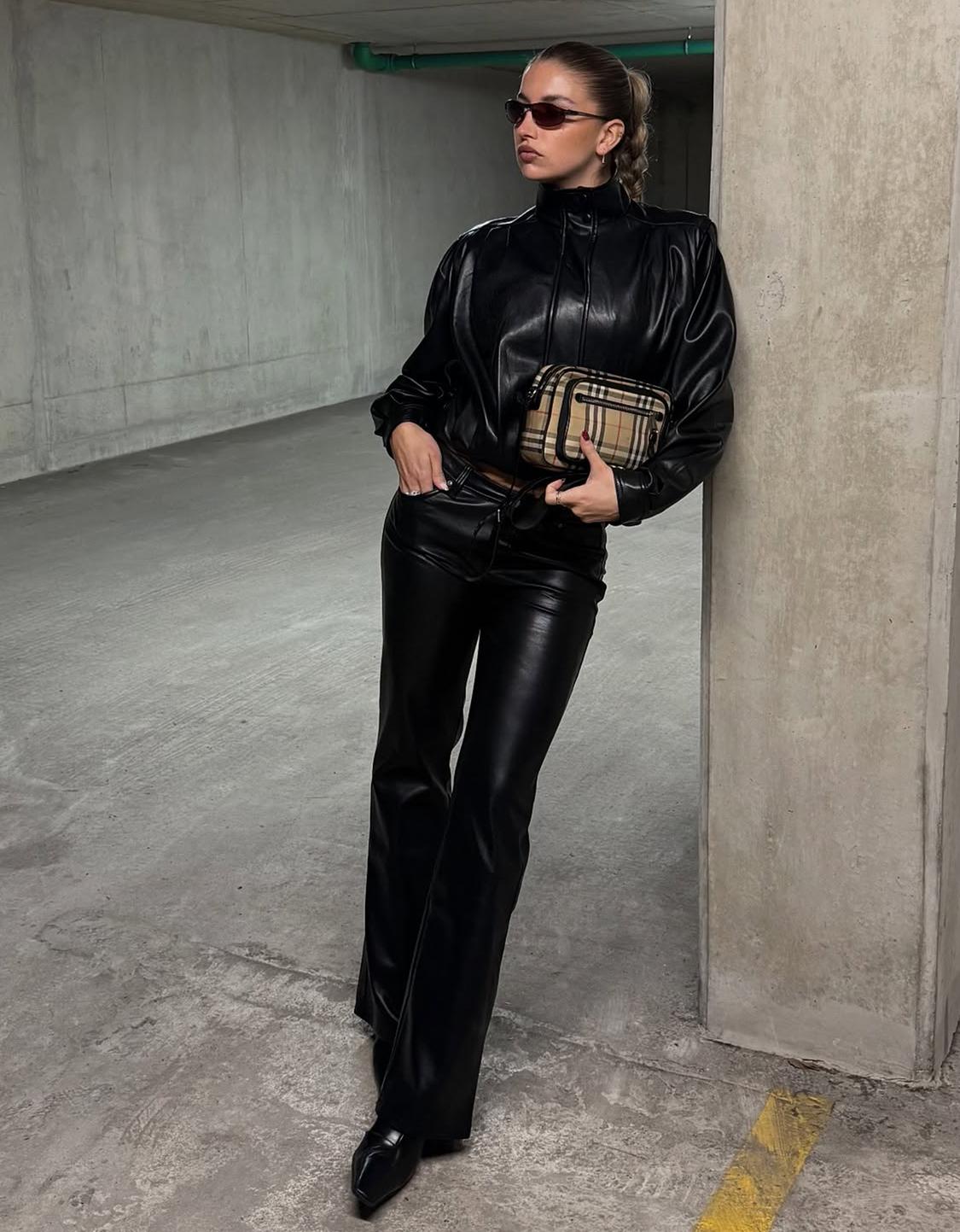 Leather effect boot-cut trousers