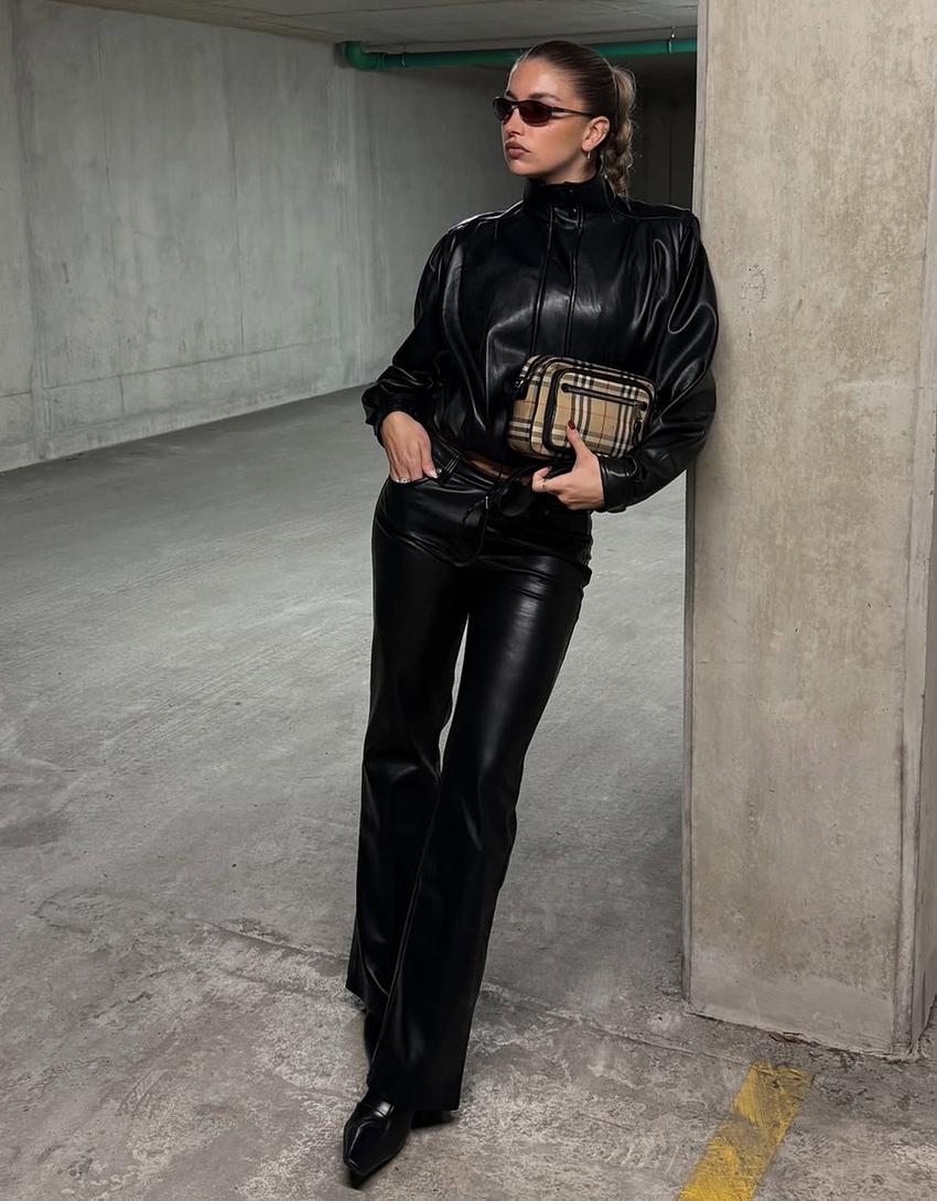 Leather effect boot-cut trousers-Black