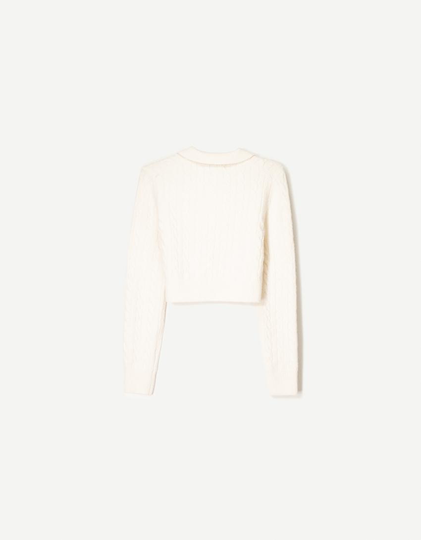 Cable-knit polo collar sweater-Cream-2