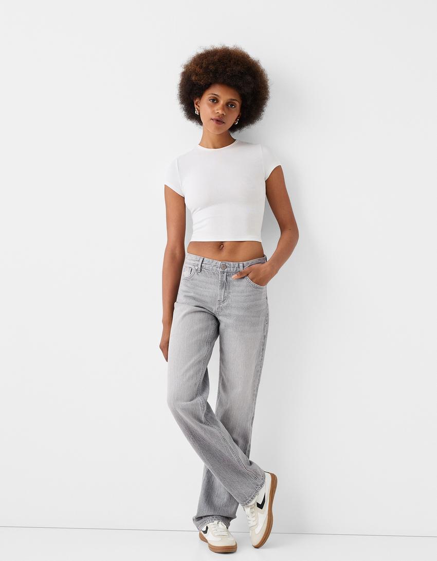 Grey Jean Bershka Bershka Straight Leg Grey Jeans Wide-leg Jeans