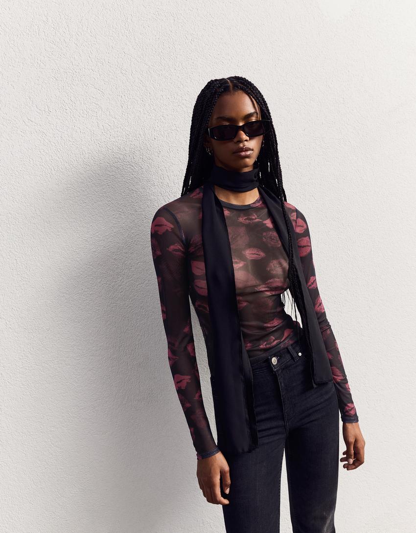 Long sleeve printed tulle T-shirt-Black