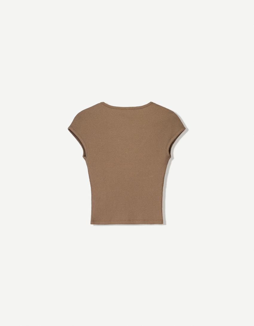 Short sleeve V-neck T-shirt-Brown