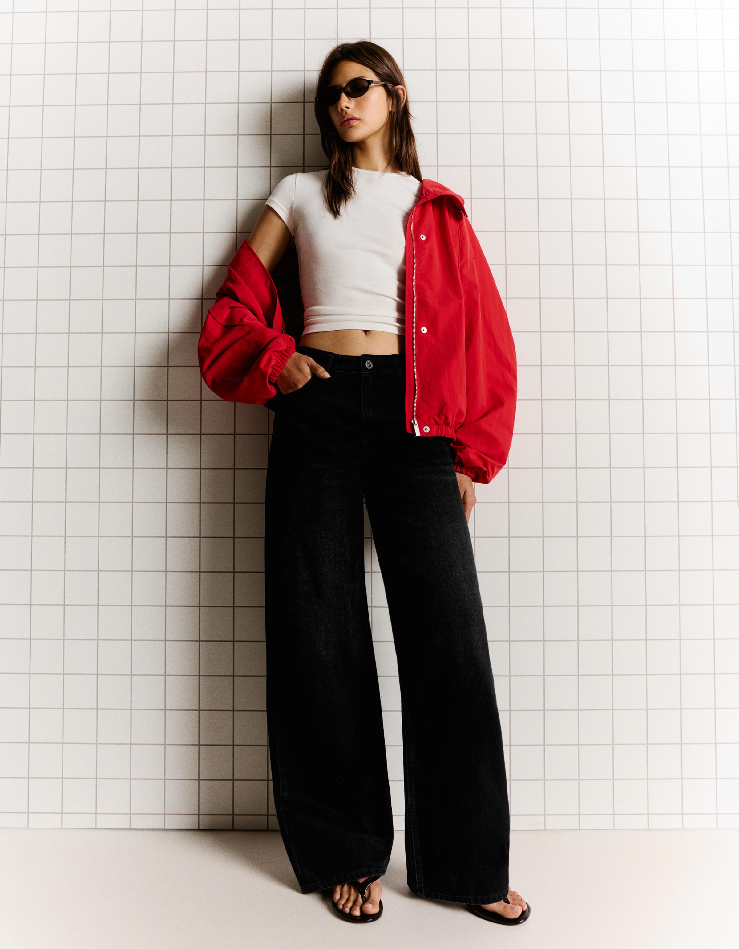 Bershka Jeans Wide Straight Tiro Alto Mujer Negro