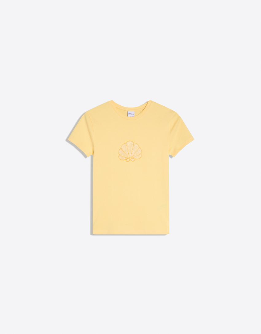Short sleeve T-shirt with print and beads-Yellow