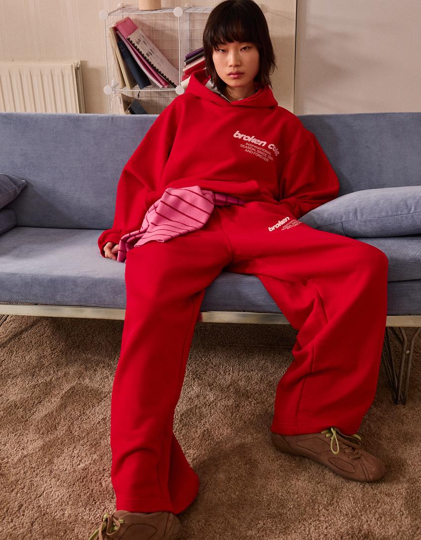 Pantalón felpa wide leg print-Rojo