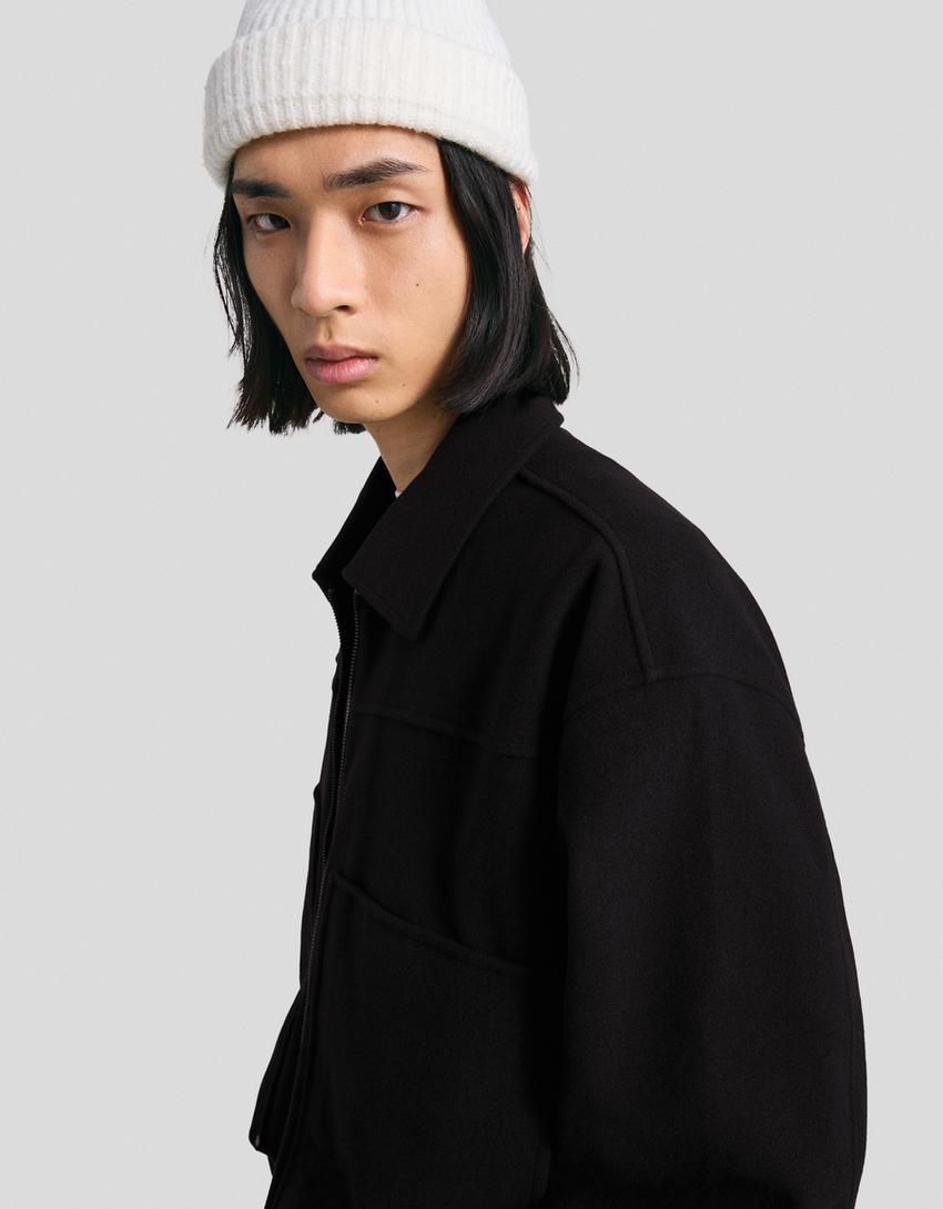 Boxy fit overshirt with zip-Black