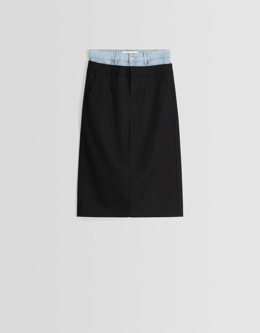 تنورة رسمية متوسطة الطول بخصر دنيم متباين-أسود-4