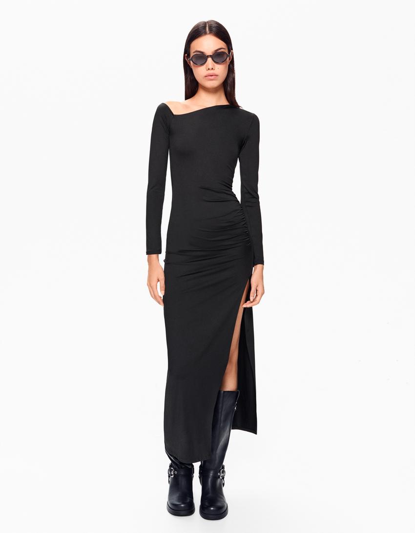 Asymmetric long sleeve midi dress-Black