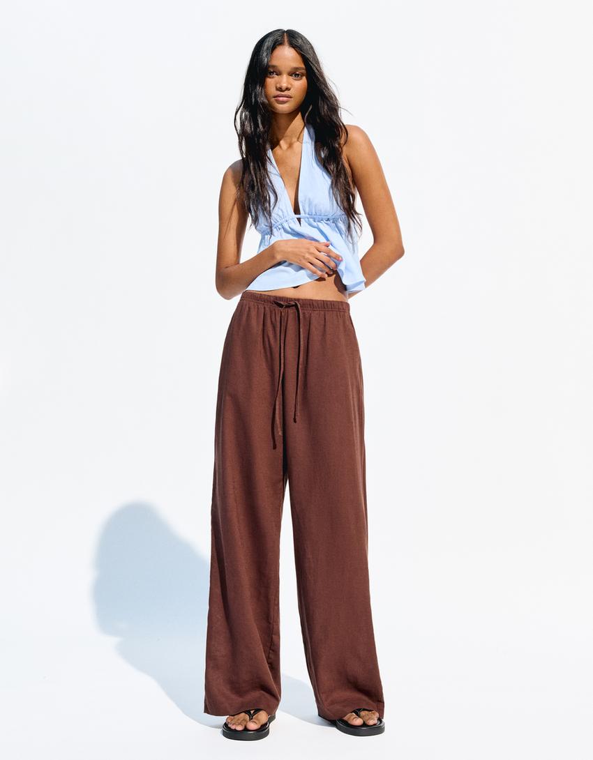 Linen blend trousers with an elasticated waistband-Brown