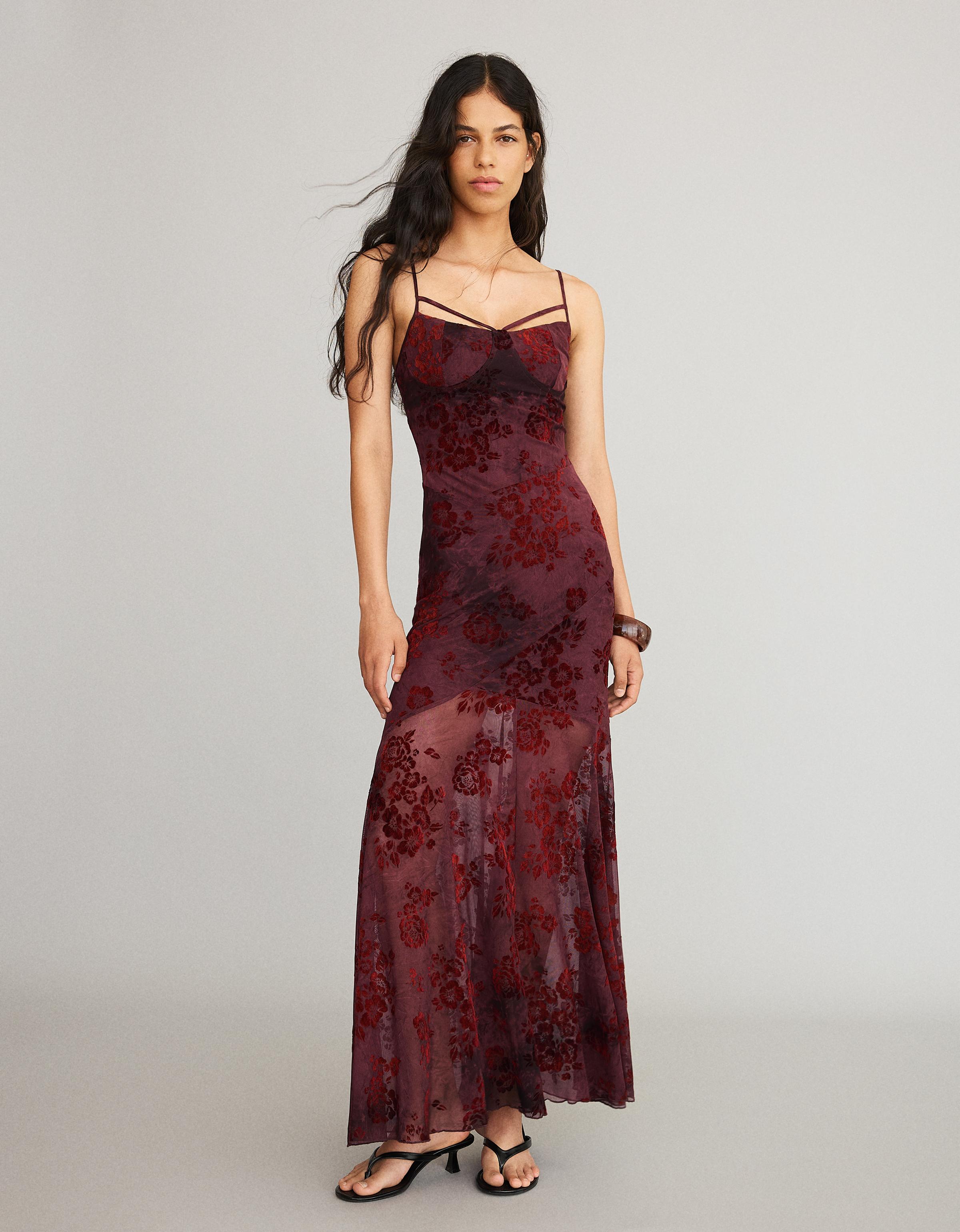 Bershka Vestido Midi Tirantes Tul Flocado Mujer Marrón