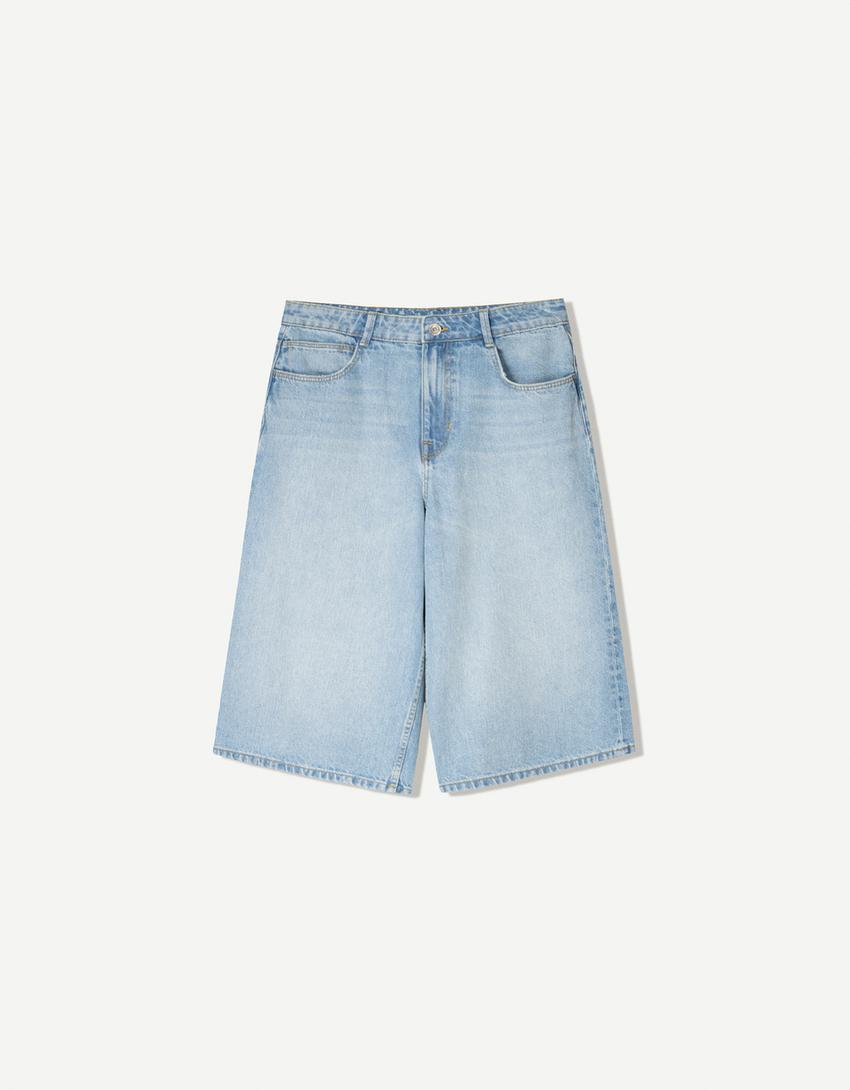 Baggy denim Bermuda shorts-Light blue-3