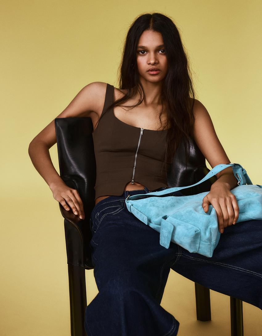 Zip-up strappy top-Brown