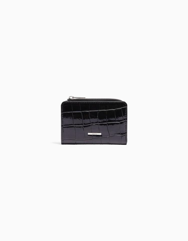 Embossed faux-patent-finish animal print purse