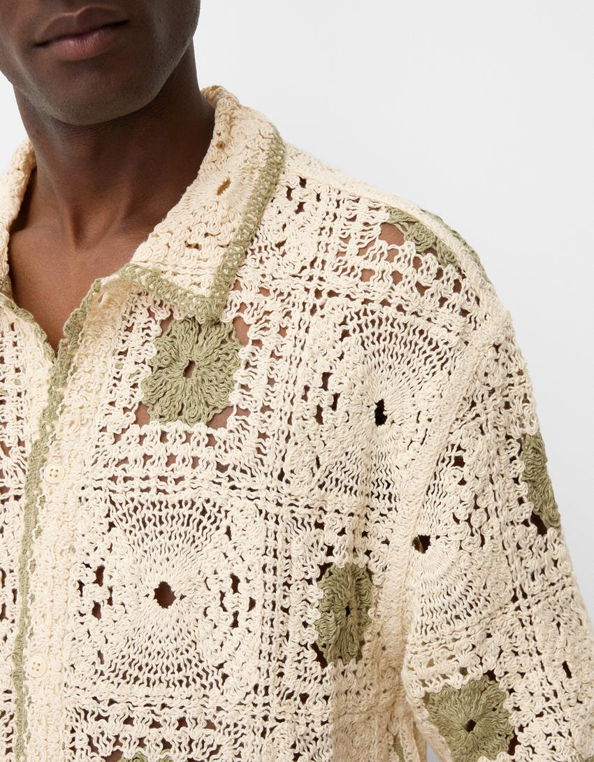 Camisa de manga curta em crochet-Areia-5
