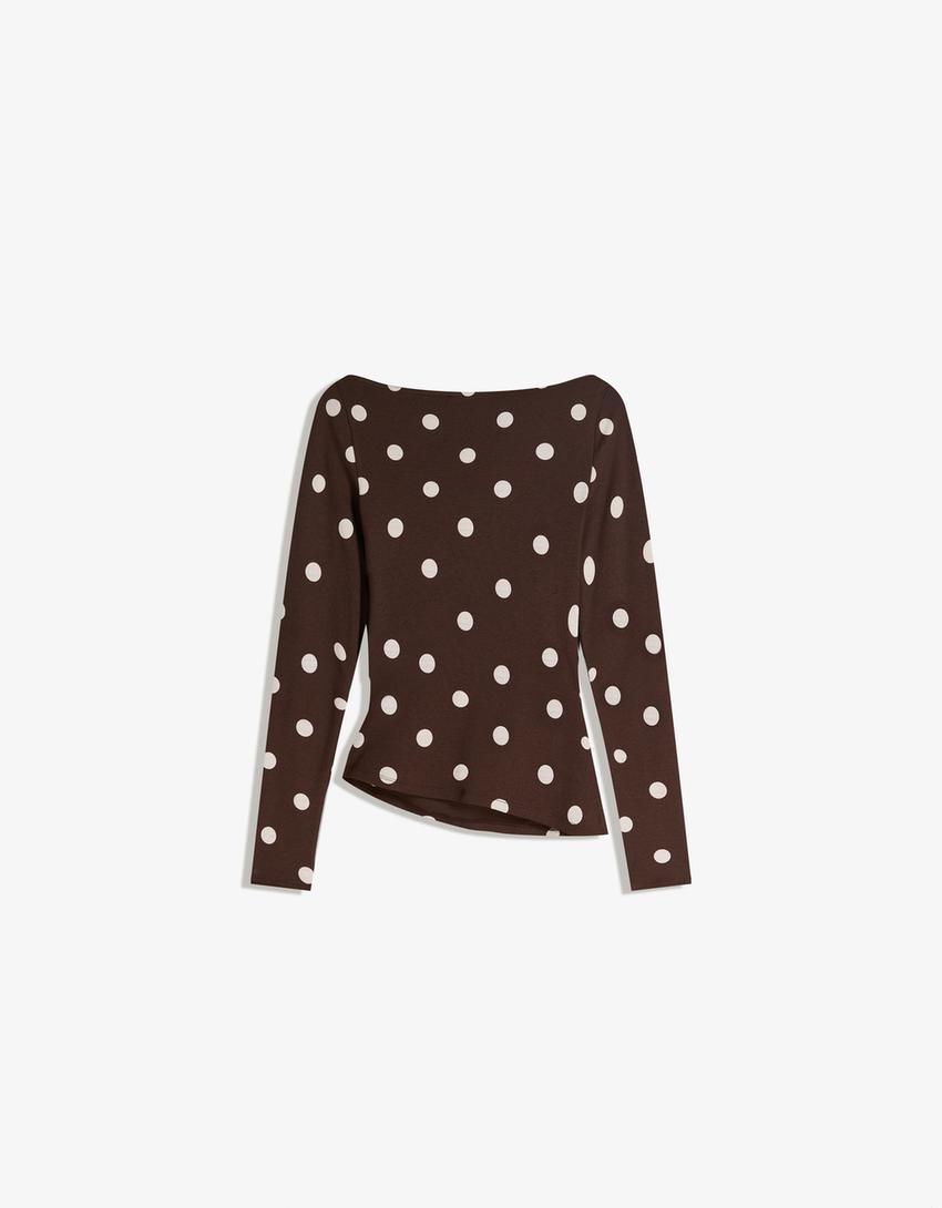 Long sleeve asymmetric T-shirt-Brown