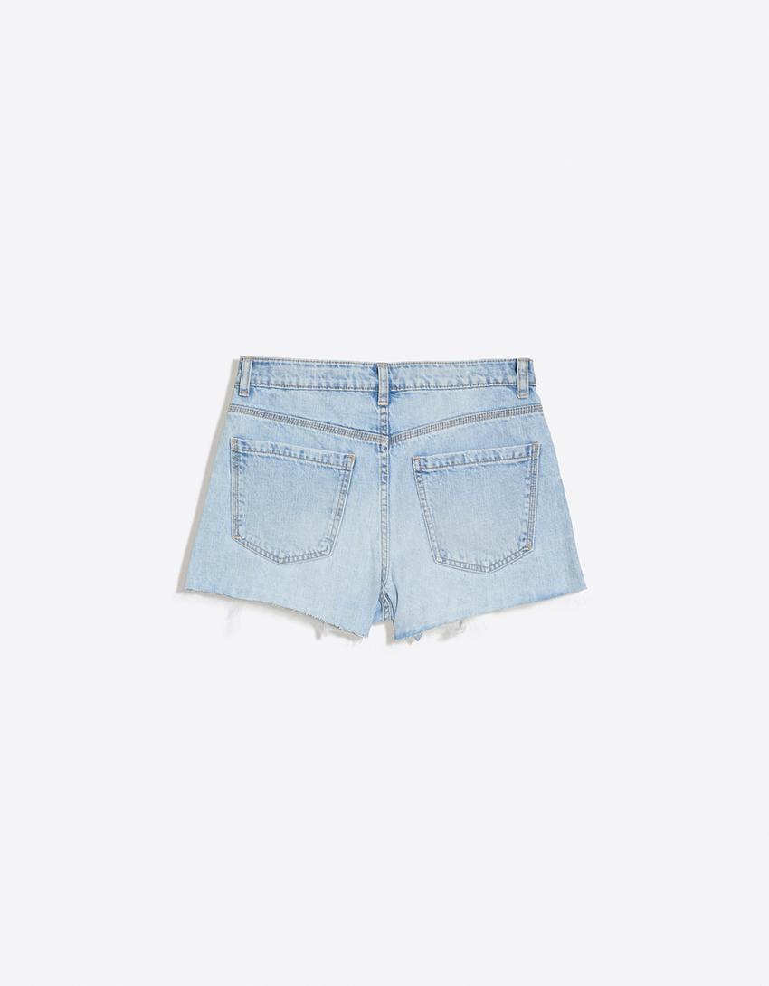 Short denim déchiré-Bleu lavé