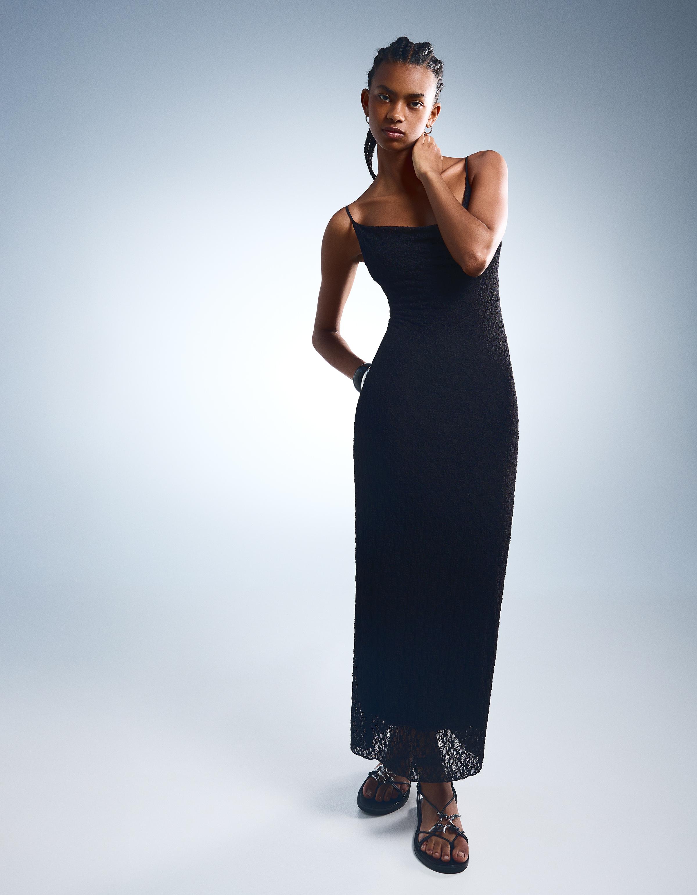 Bershka Midikleid Aus Tüll Mit Spitzenkante Damen L Schwarz