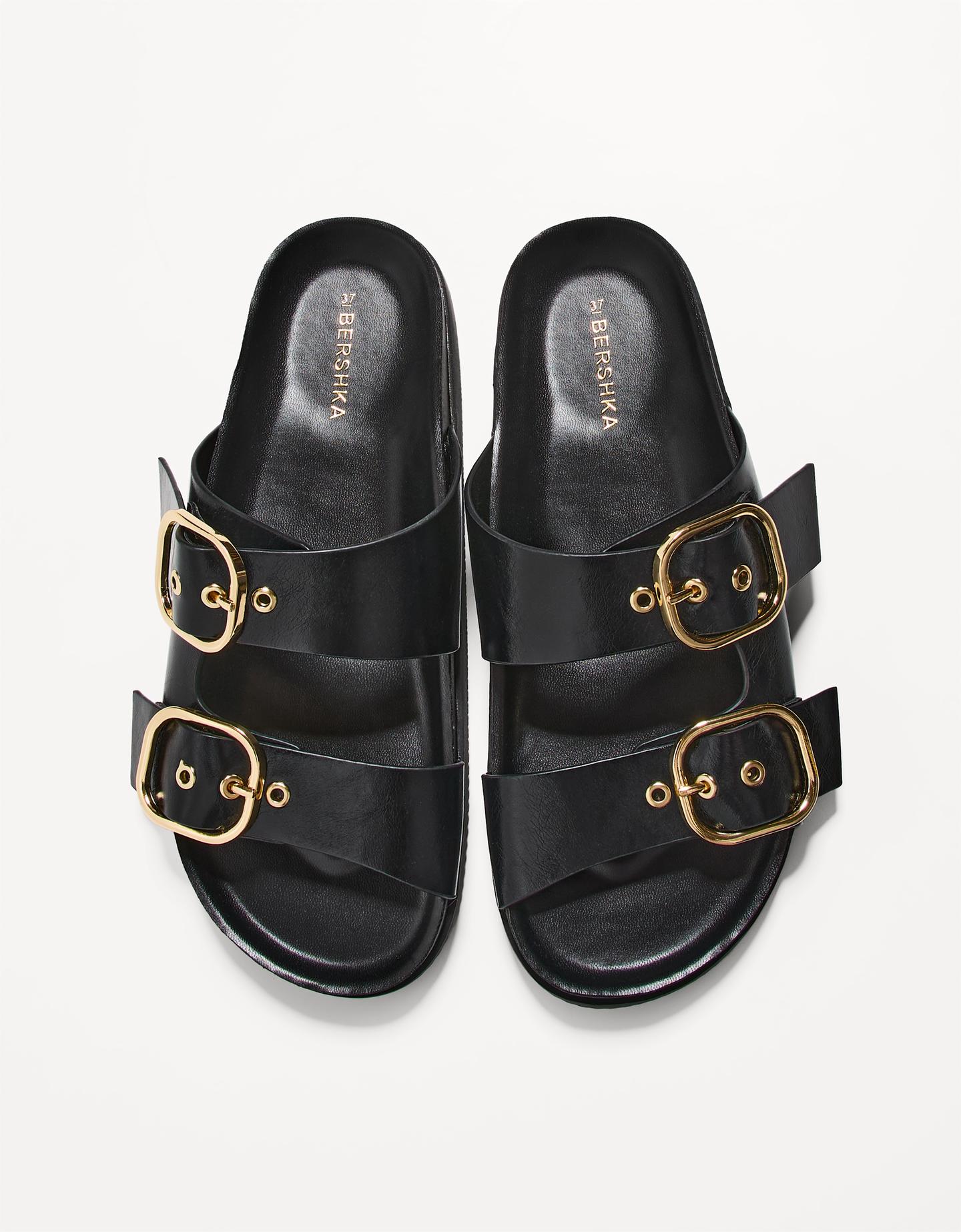 Bershka Sandalia Plana Hebillas Mujer 39 Negro