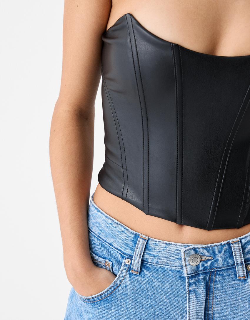 Crop top bandeau efeito pele-Preto-5