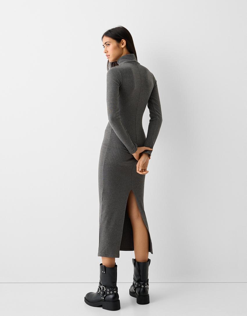 Ribbed knit high neck dress with long sleeves-Dark grey