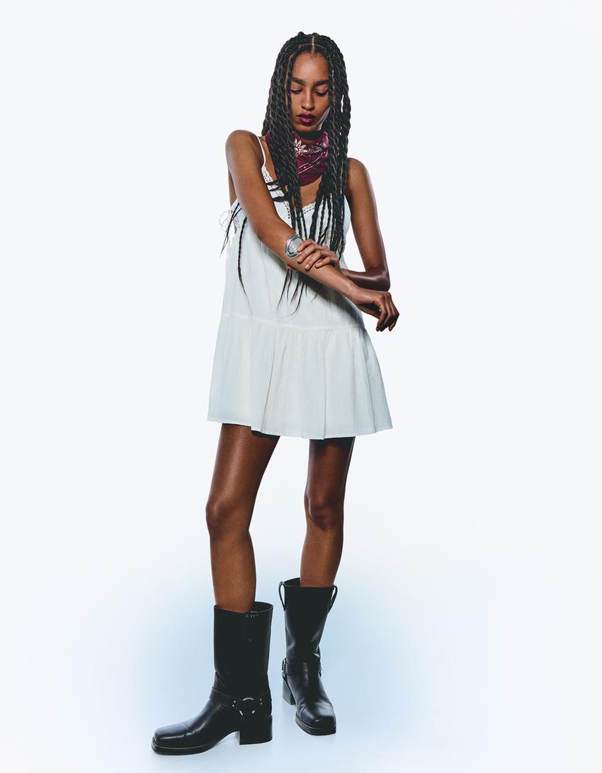 Textured mini dress with lace trim-Cream