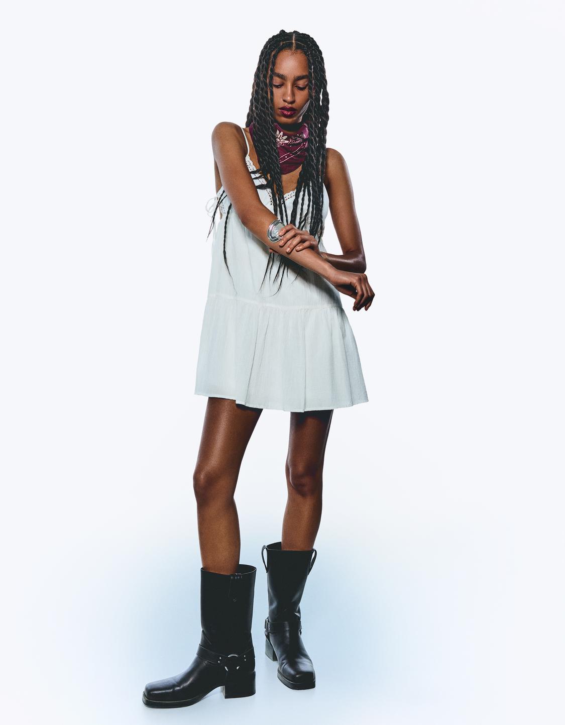 Textured mini dress with lace trim