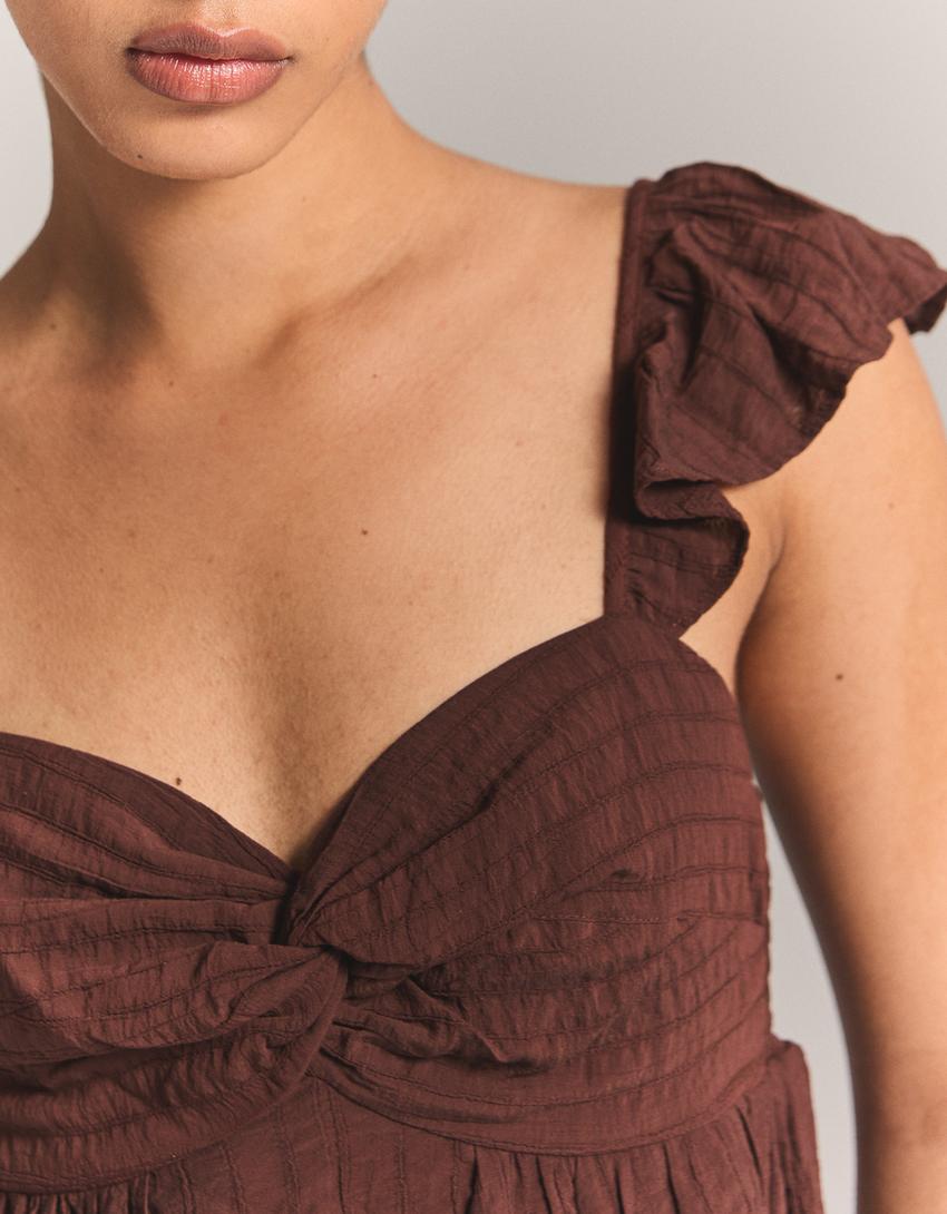 Shirred strap top-Brown