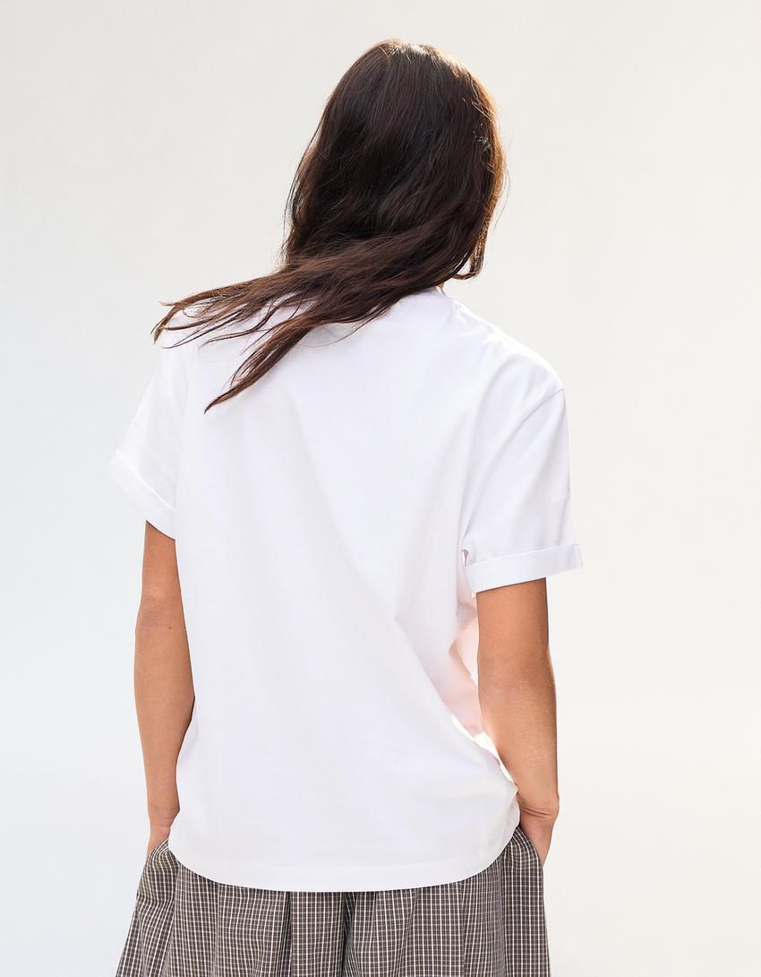 Short sleeve roll-up print T-shirt-White