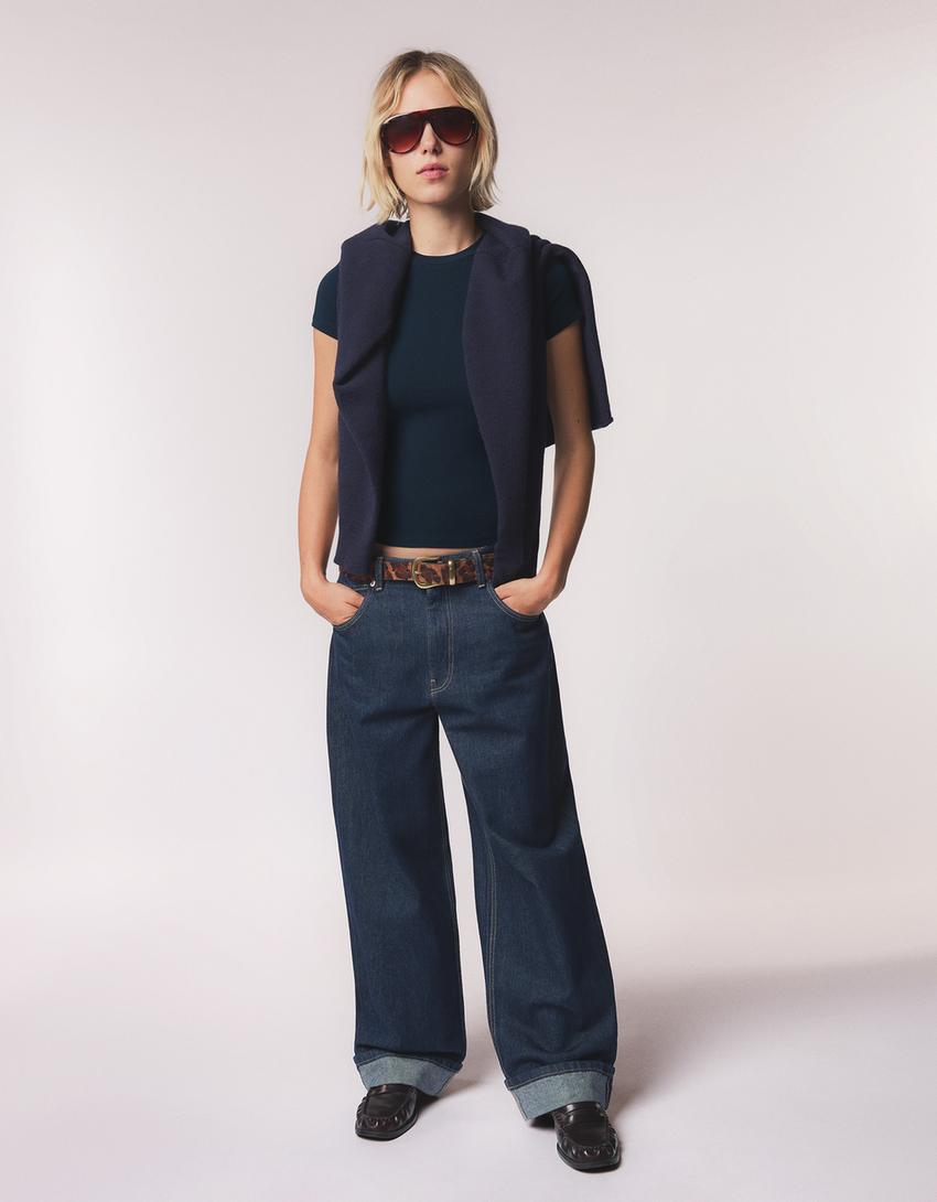 Футболка з круглим коміром і короткими рукавами-Темно-синій