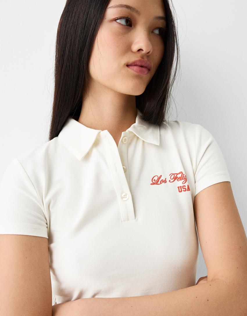 Printed short sleeve T-shirt with a polo collar-Off white