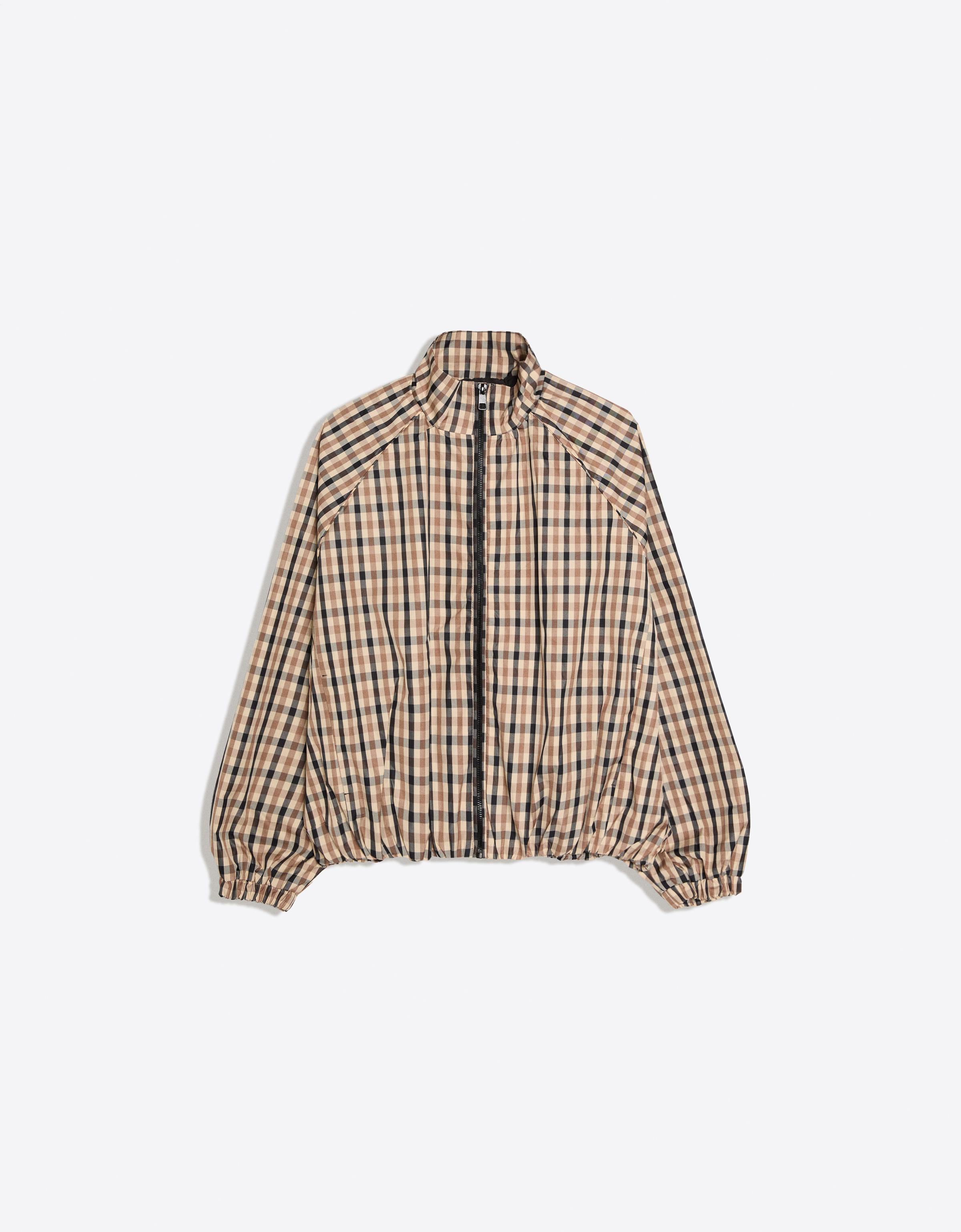Bershka Cazadora Nylon Cuadros Mujer Crudo