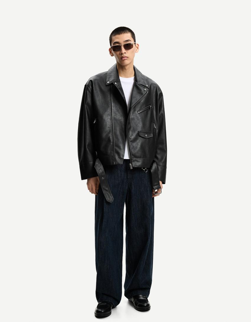 Ceket Biker Jacket Chaqueta Polipiel Bershka Hombre Cazadora