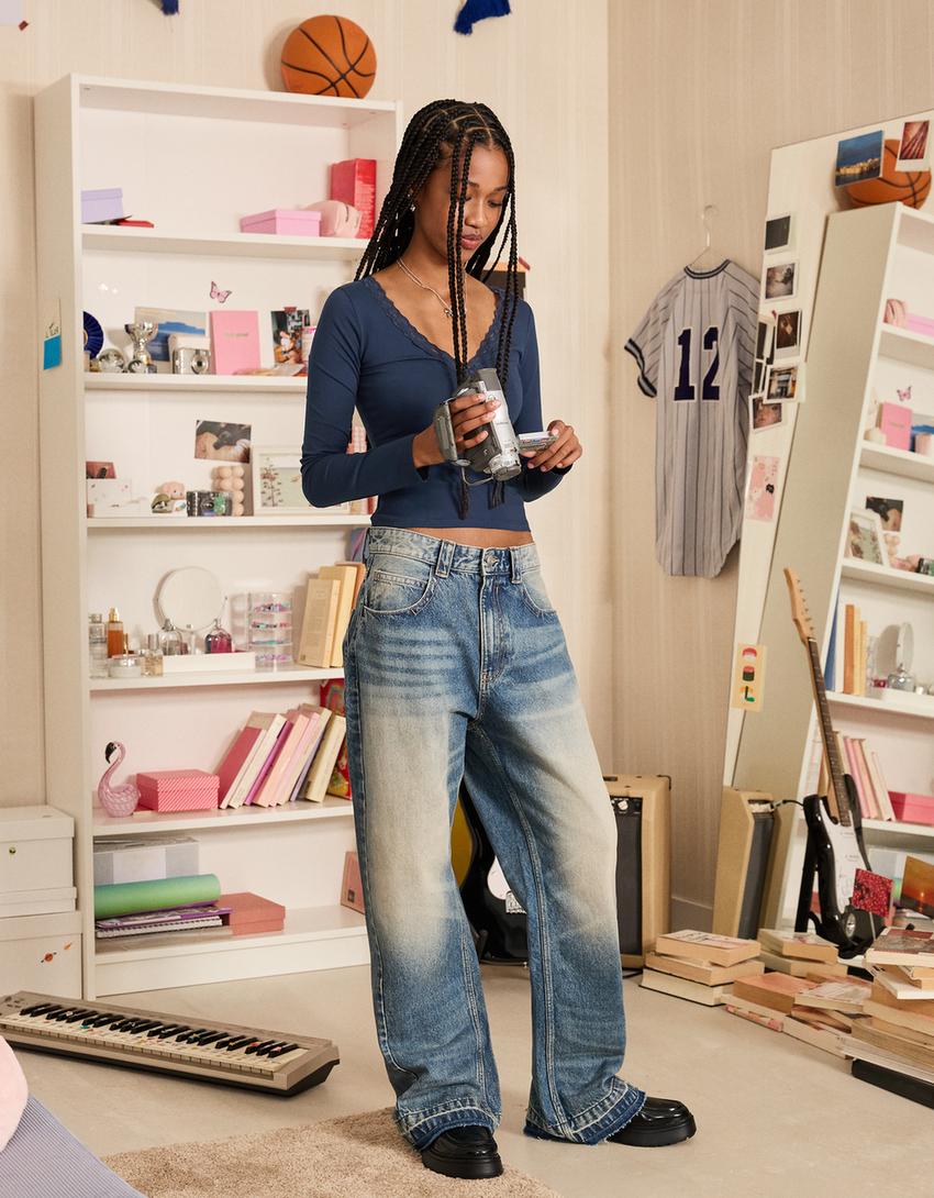 Long sleeve lace T-shirt-Navy