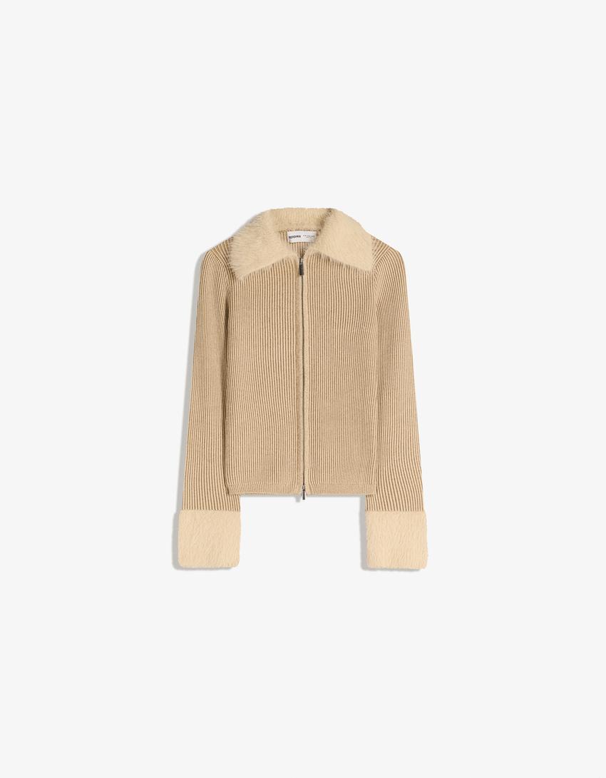 Cardigan zippé col fausse fourrure-Sable
