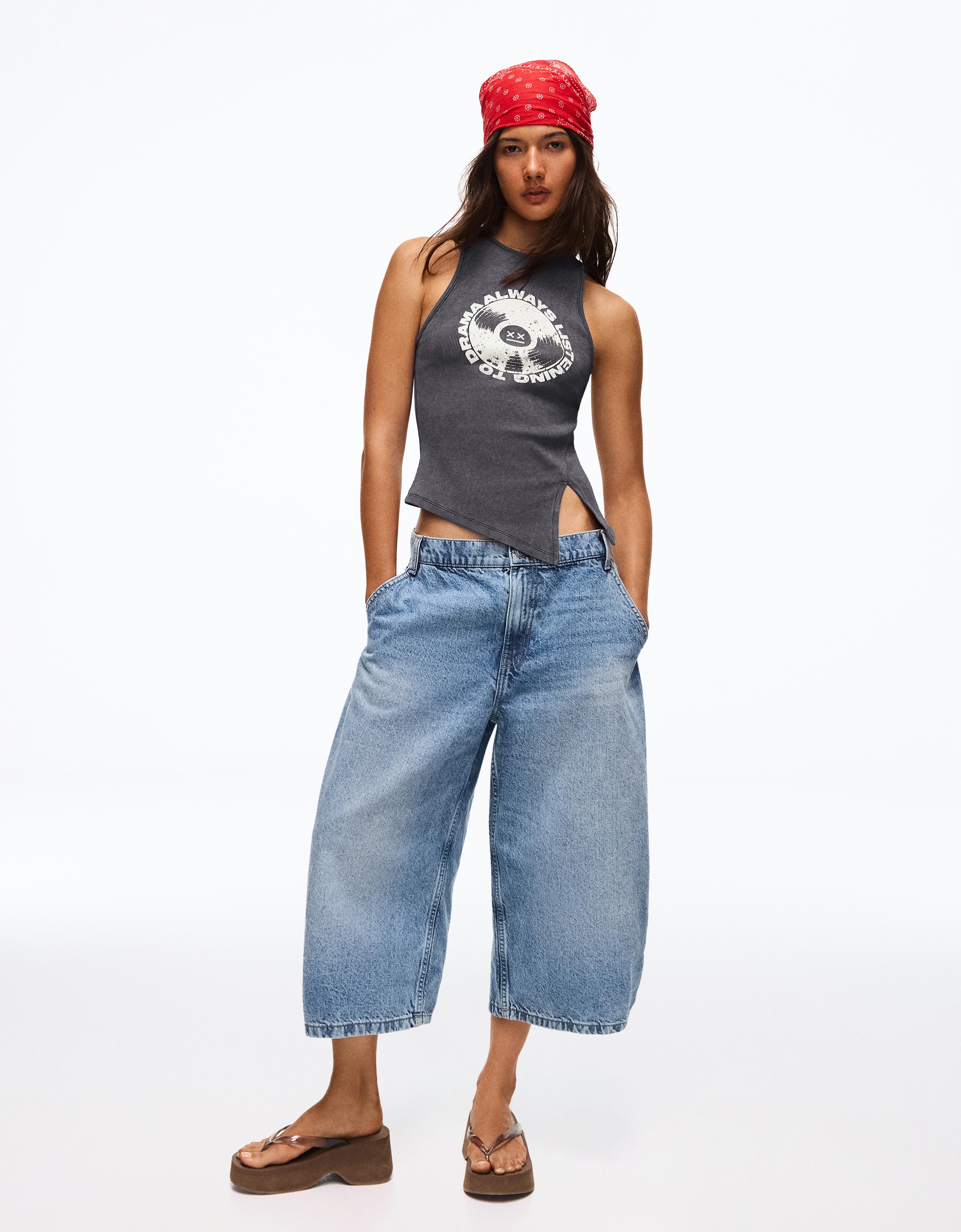 Asymmetric printed sleeveless top — Dark grey