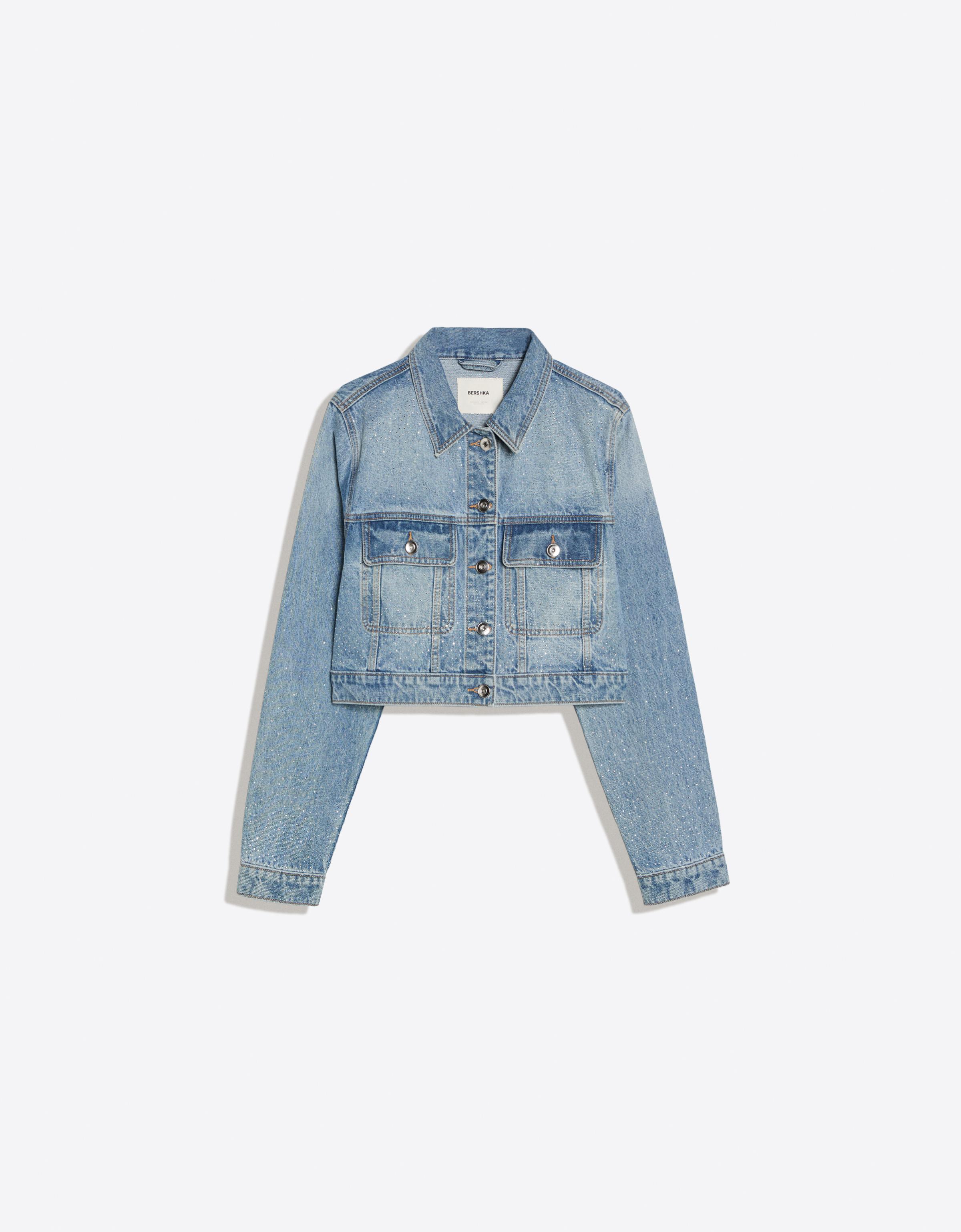Bershka Cazadora Denim Cropped Brillo Mujer Azul Lavado