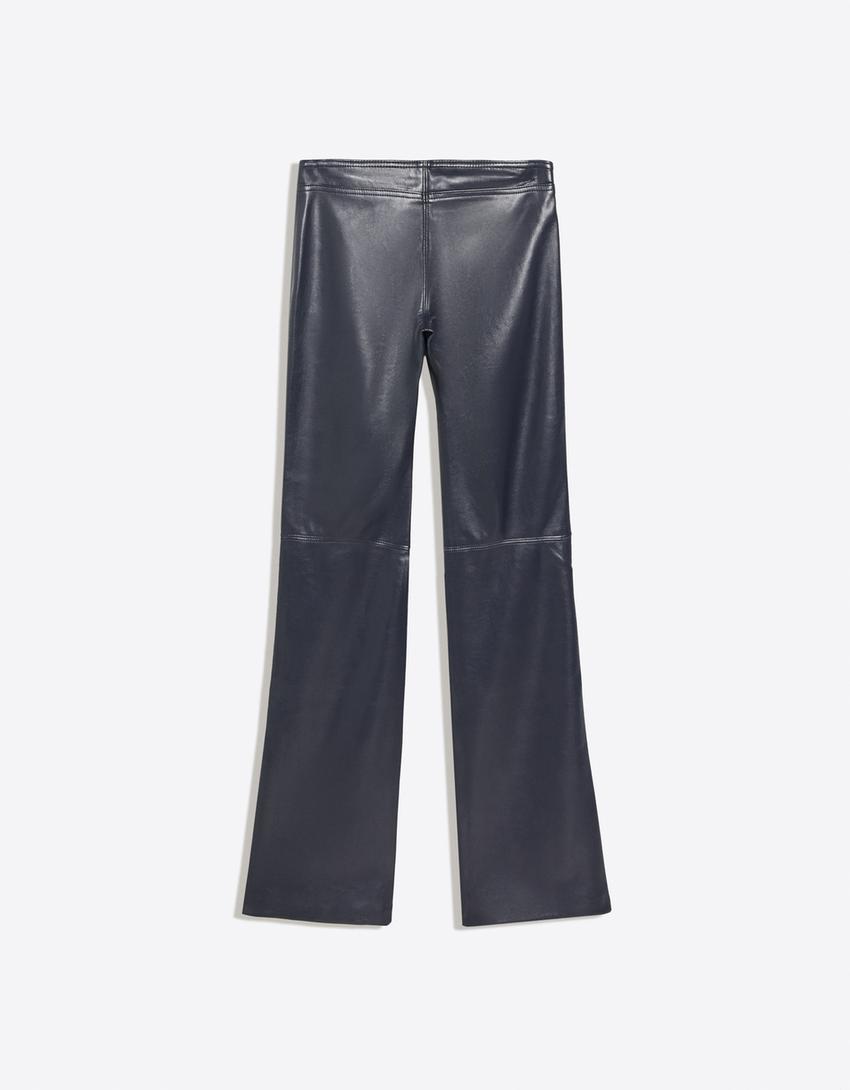 Faux leather slim fit trousers with smooth waist-Blue