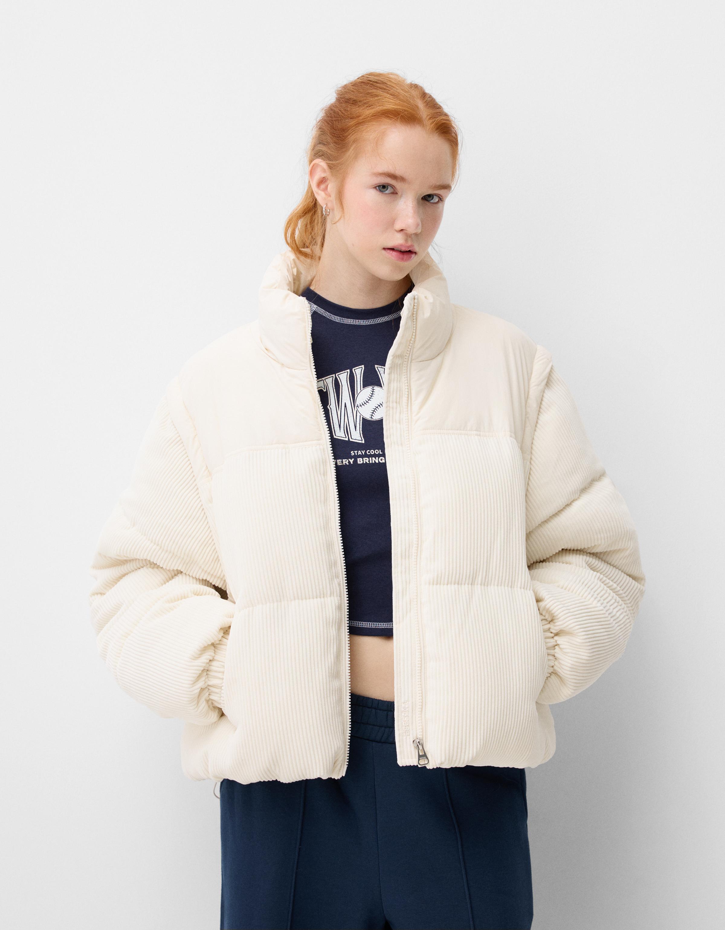 Corduroy puffer jacket with detachable detail