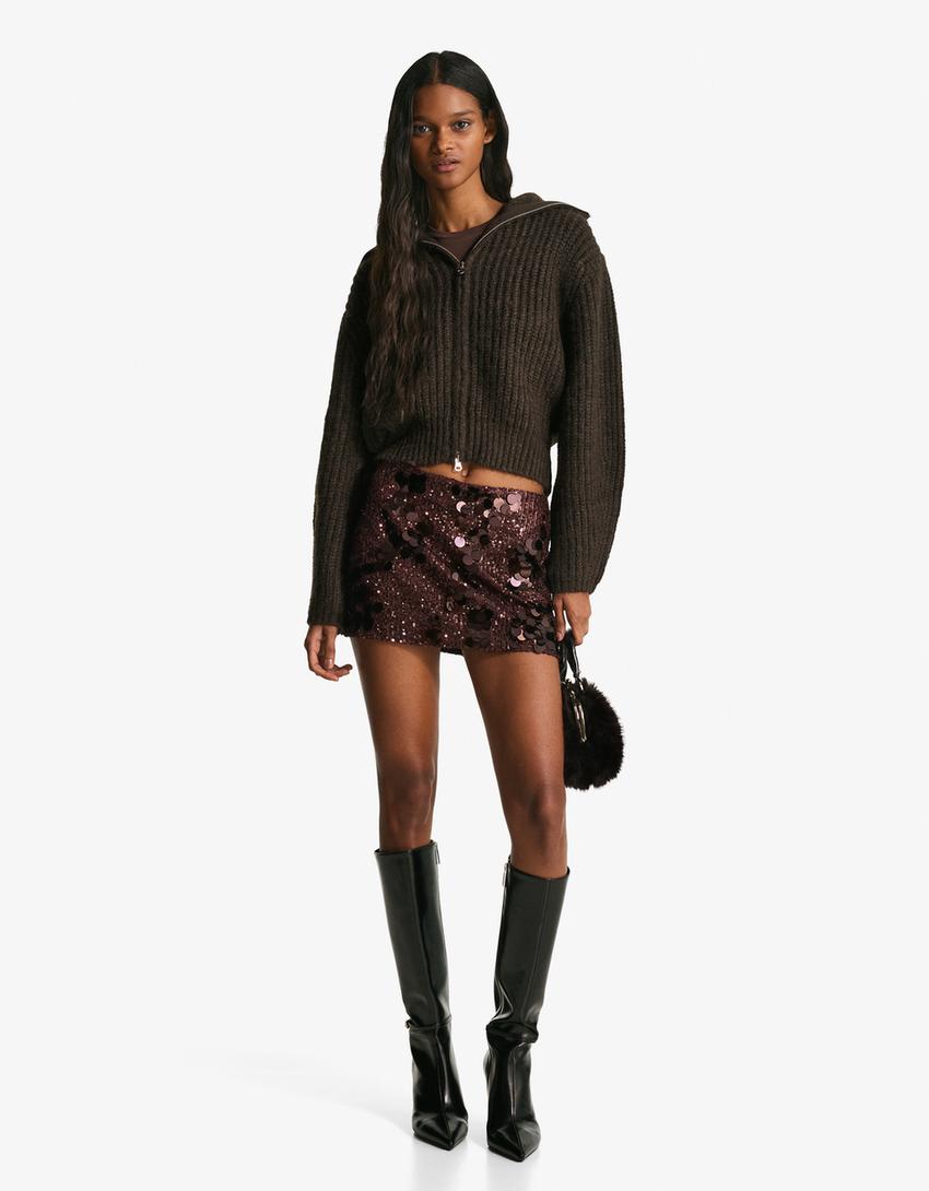 Mini-jupe à paillettes-Marron